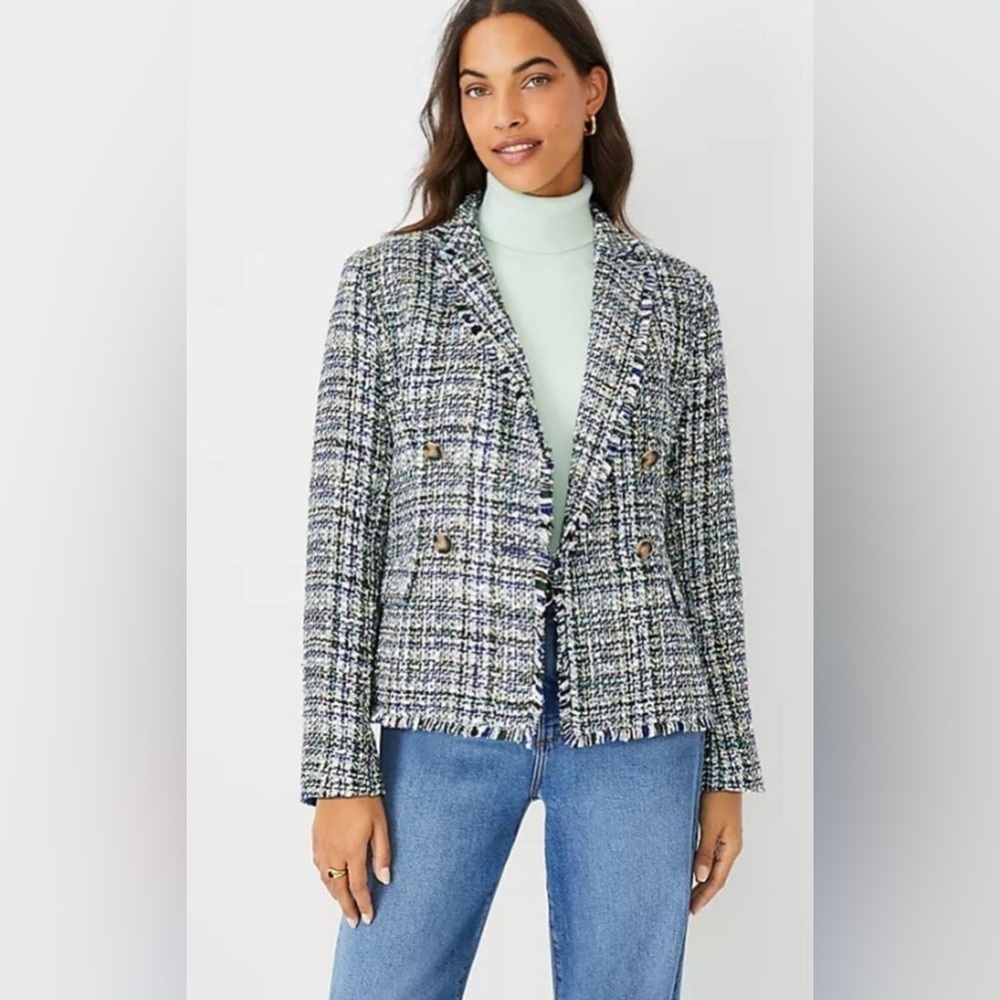 Ann Taylor The Tailored Metallic Double Breasted Tweed Blazer Blue Sz 2 Petite